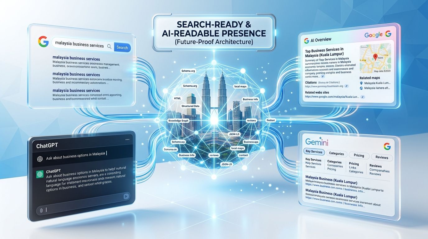 Search-Ready 与 AI-Readable 网站架构概念示意图