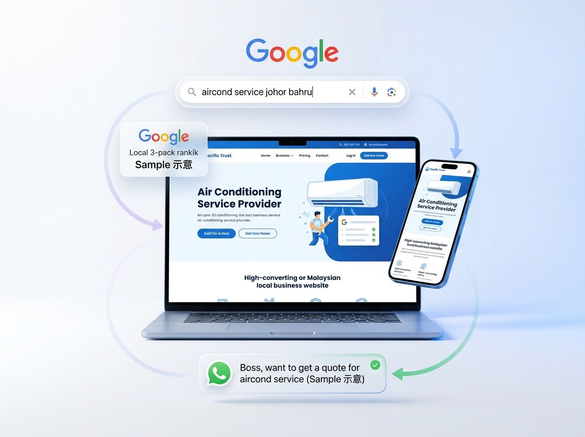 Google 搜索 → 企业网站 → WhatsApp 询盘：本地生意获客链路示意图