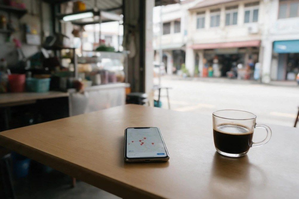 新山街边小店桌上的手机显示地图与商家图钉（示意图）